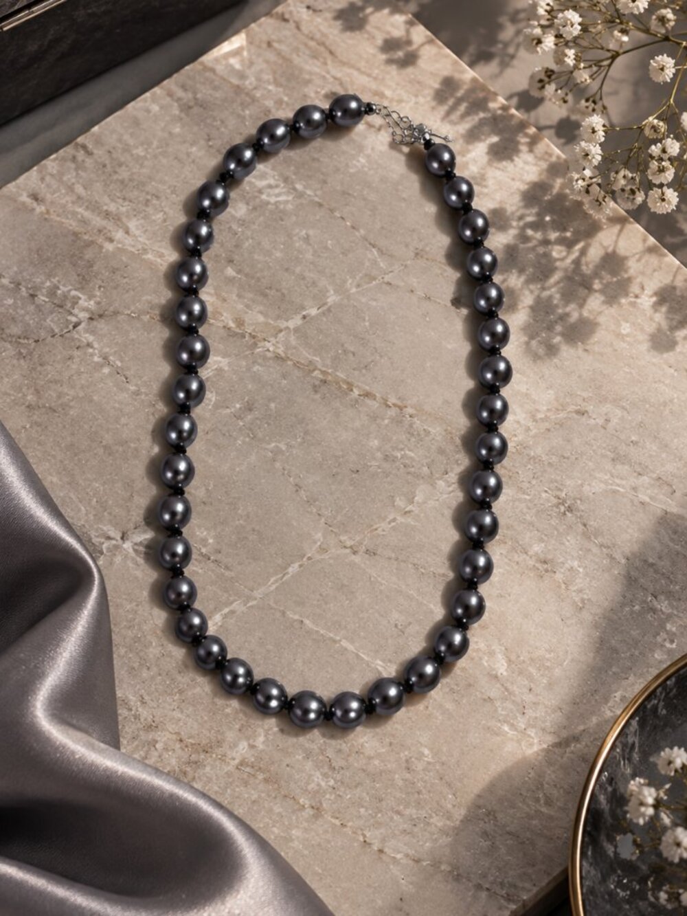 Vintage Vendôme Metallic Grey Faux Pearl Beaded Necklace - Silver Tone Clasp